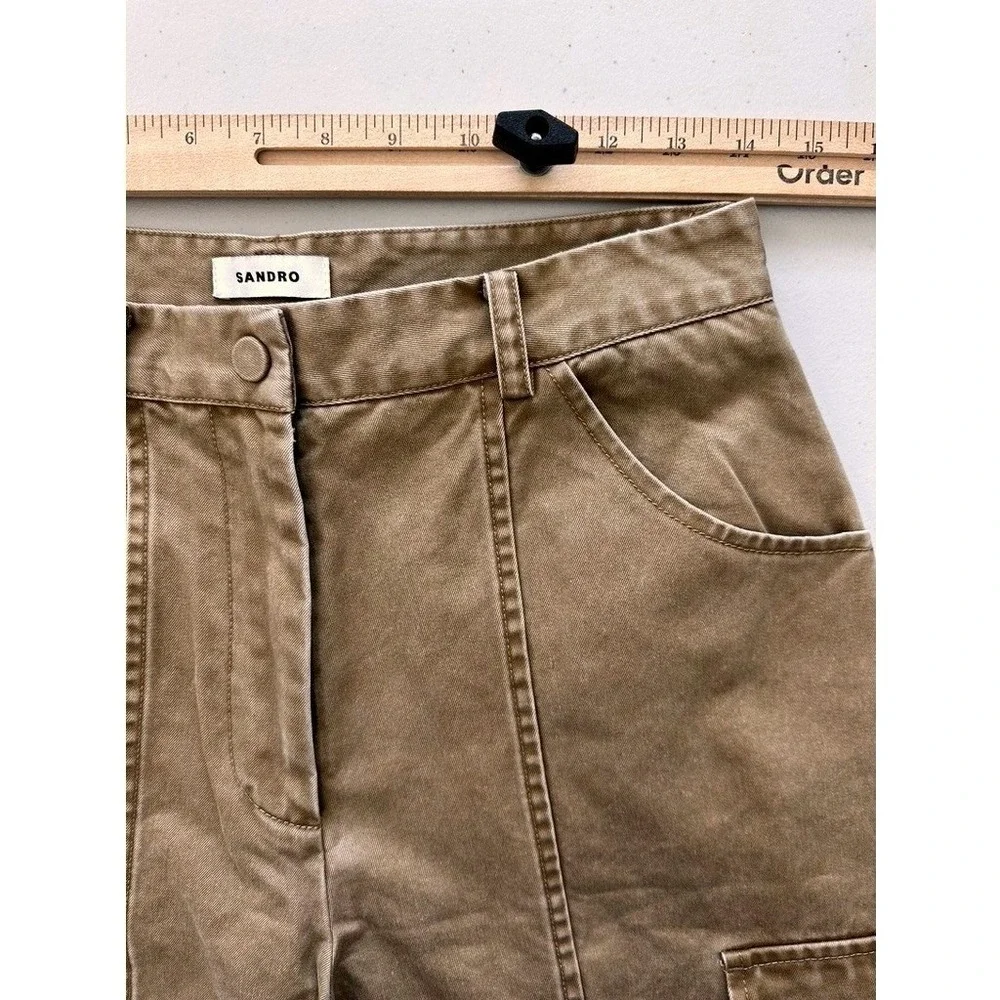 Sandro Paris Cargo Utility Pants Women 40 US 8 Brown Twill Wide Leg Utility - Picture 5 of 8